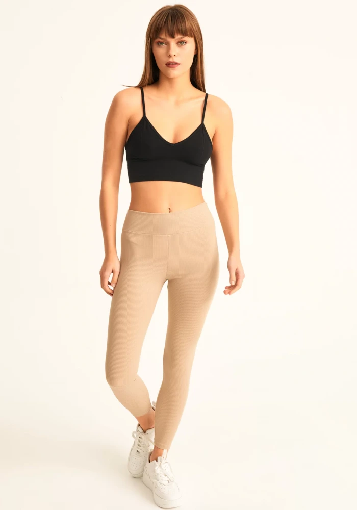 Kadın Bej Fitilli Yüksek Bel Tayt