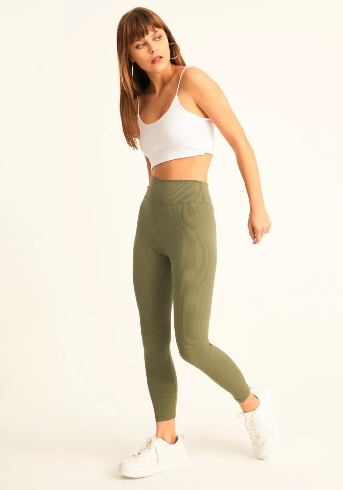 Kadın Haki Fitilli Yüksek Bel Tayt