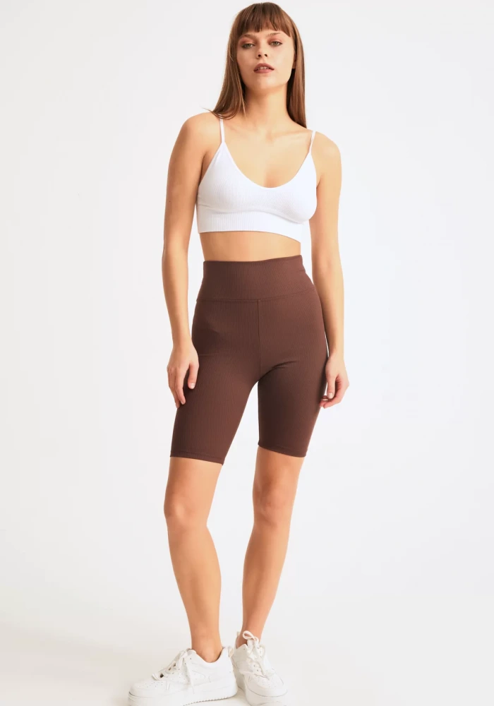 Kadın Kahve Biker Fitilli Yüksek Bel Toparlayıcı Tayt