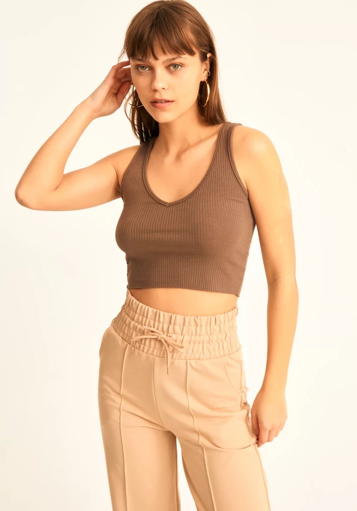 Kadın Kahve Fitilli V Yaka Crop Bluz