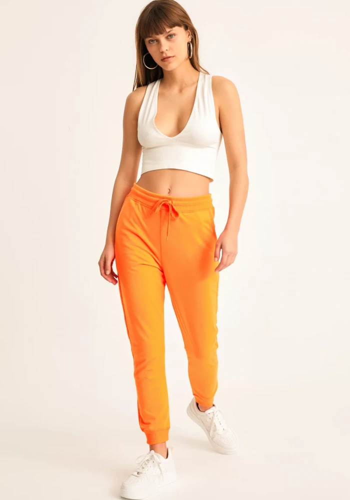 Kadın Neon Turuncu Ribana Detay Eşofman Altı