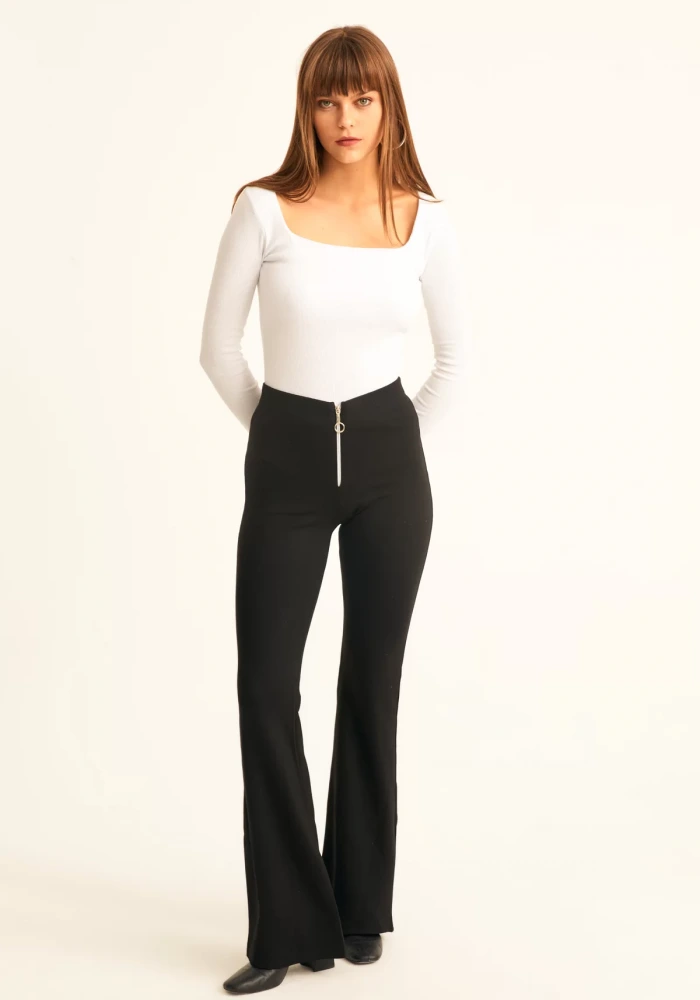 Kadın Siyah Önden Fermuarlı Çelik Örme Pantolon