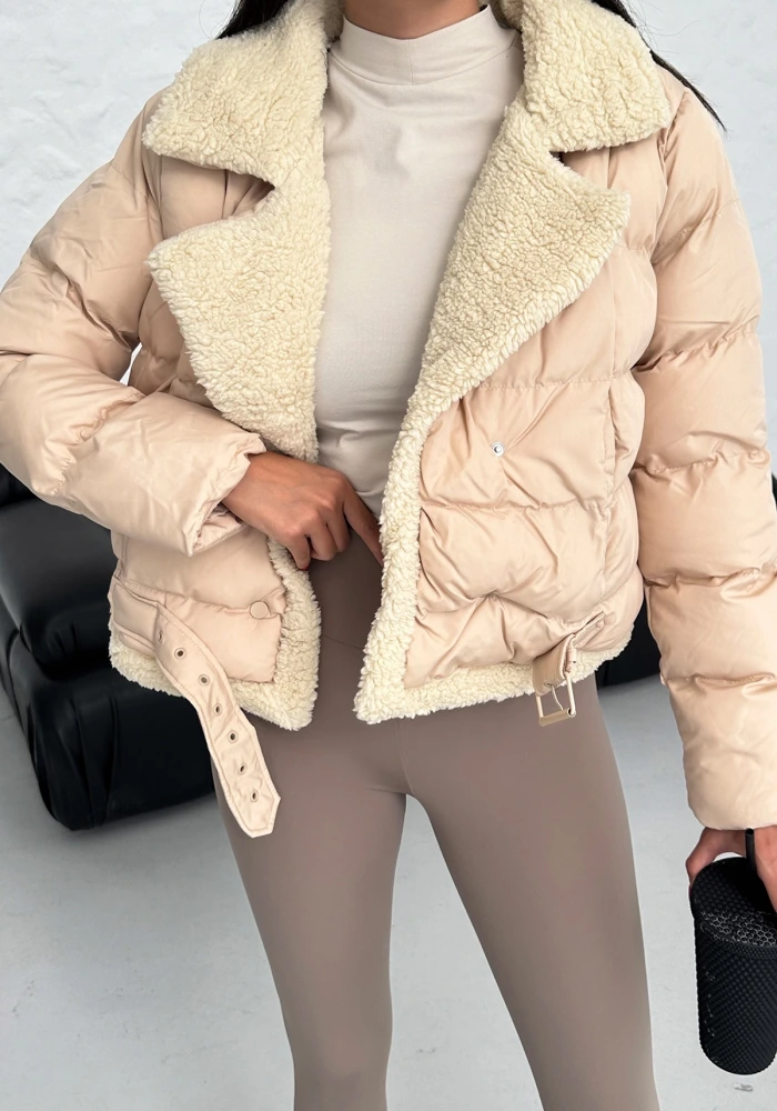 DF Kadın Bej Çıtçıtlı Beli Kemerli İçi Kürklü Biker Mont