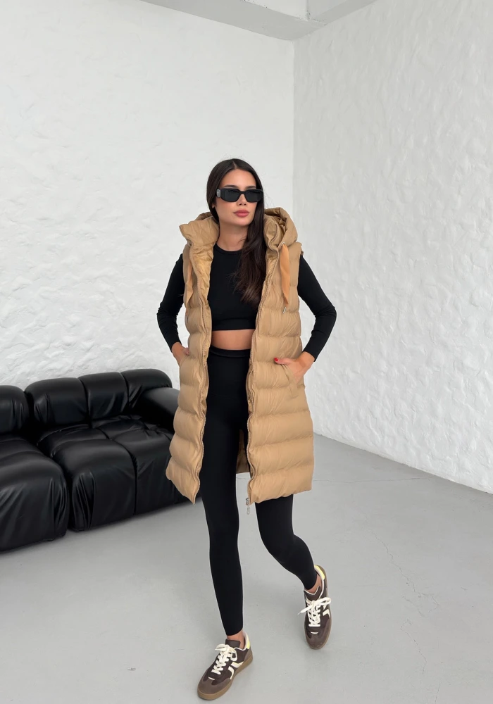 DF Kadın Camel Uzun Fermuarlı Deri Şişme Yelek