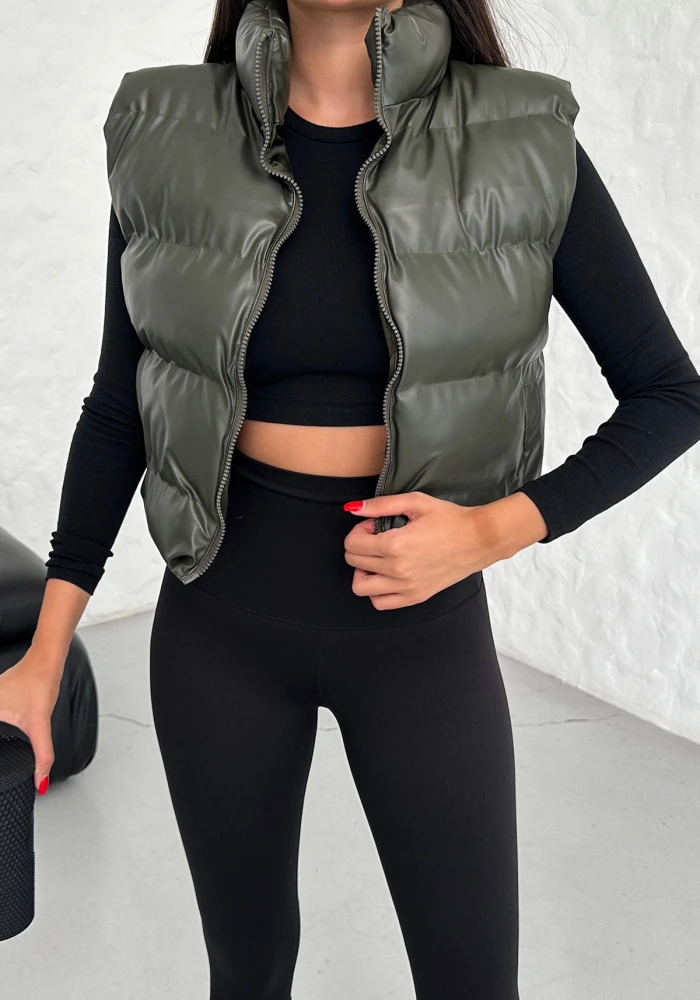 DF Kadın Haki Fermuarlı Deri Şişme Yelek