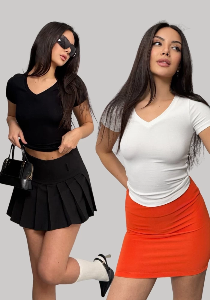 Kadın 2li Paket Siyah-Beyaz V Yaka Buzy Modal Kumaş Basic Kısa Kol Bluz