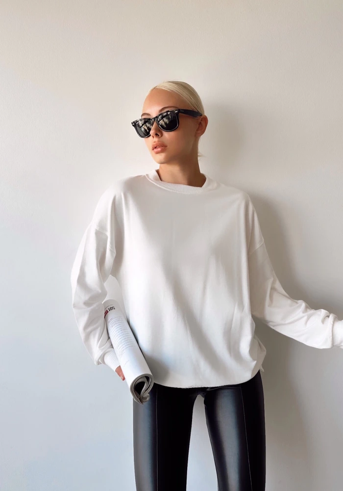 Kadın Beyaz Over Size Luxury Basic Sweatshirt