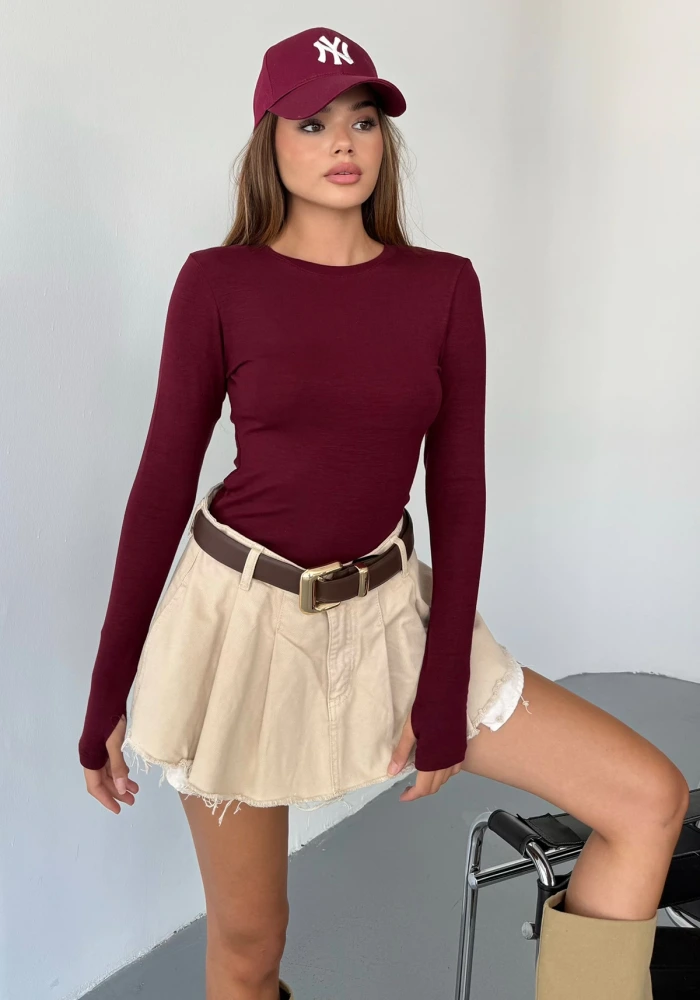 Kadın Bordo Bisiklet Yaka Parmak Geçmeli Modal Kumaş Body