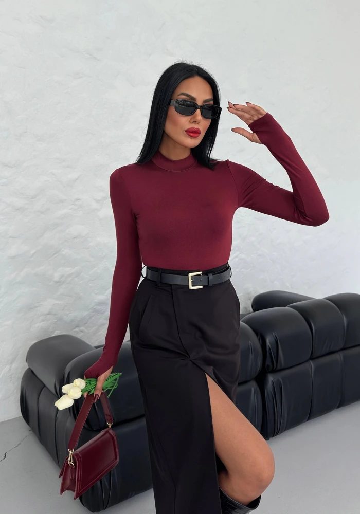 Kadın Bordo Parmak Geçmeli Dik Yaka Body