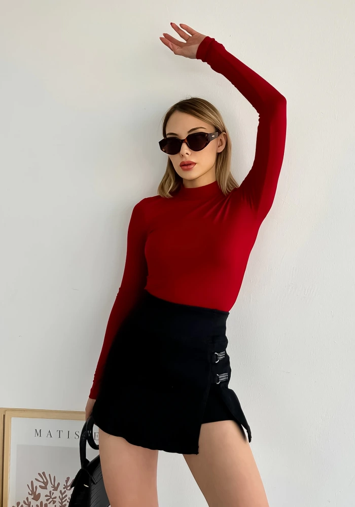 Kadın Bordo Uzun Kol Dik Yaka Basic Body