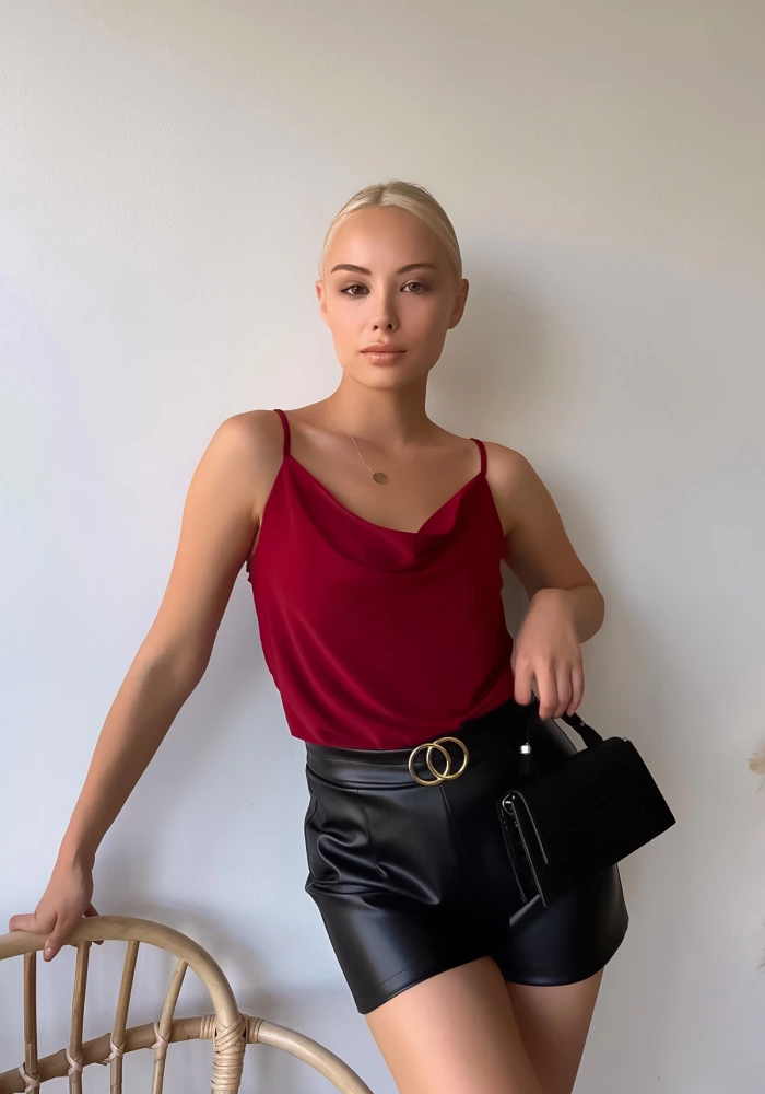 Kadın Degaje Yaka İp Askılı Bordo Bluz