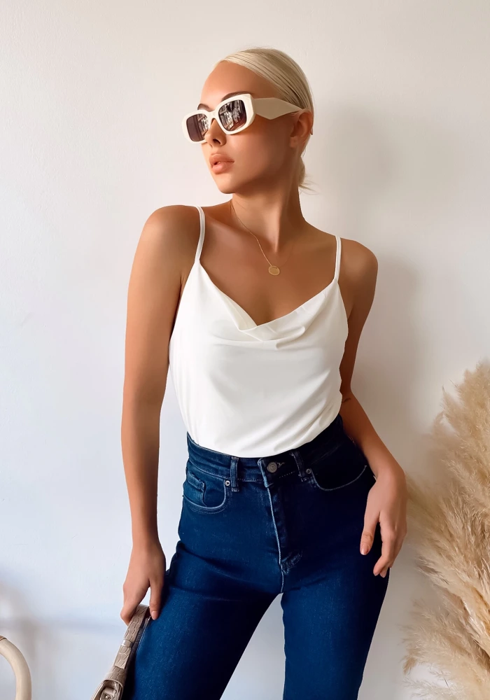 Kadın Degaje Yaka İp Askılı Ekru Bluz