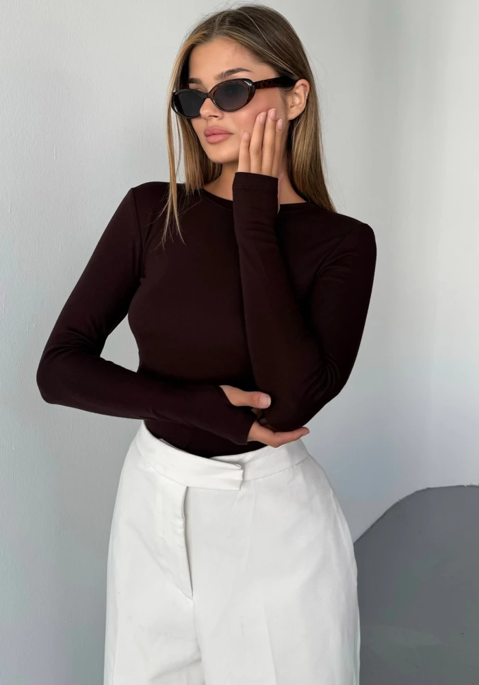 Kadın Kahve Bisiklet Yaka Parmak Geçmeli Modal Kumaş Body