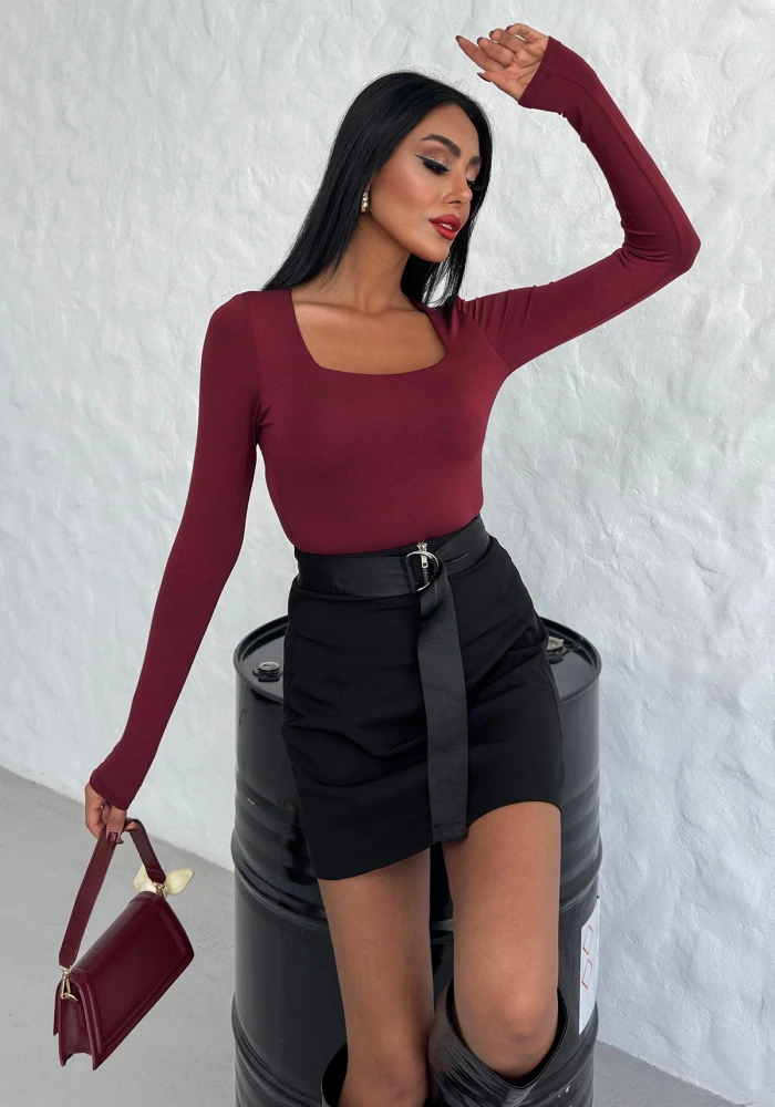 Kadın Kare Yaka Düz Bordo Uzun Kollu Viskon Bluz