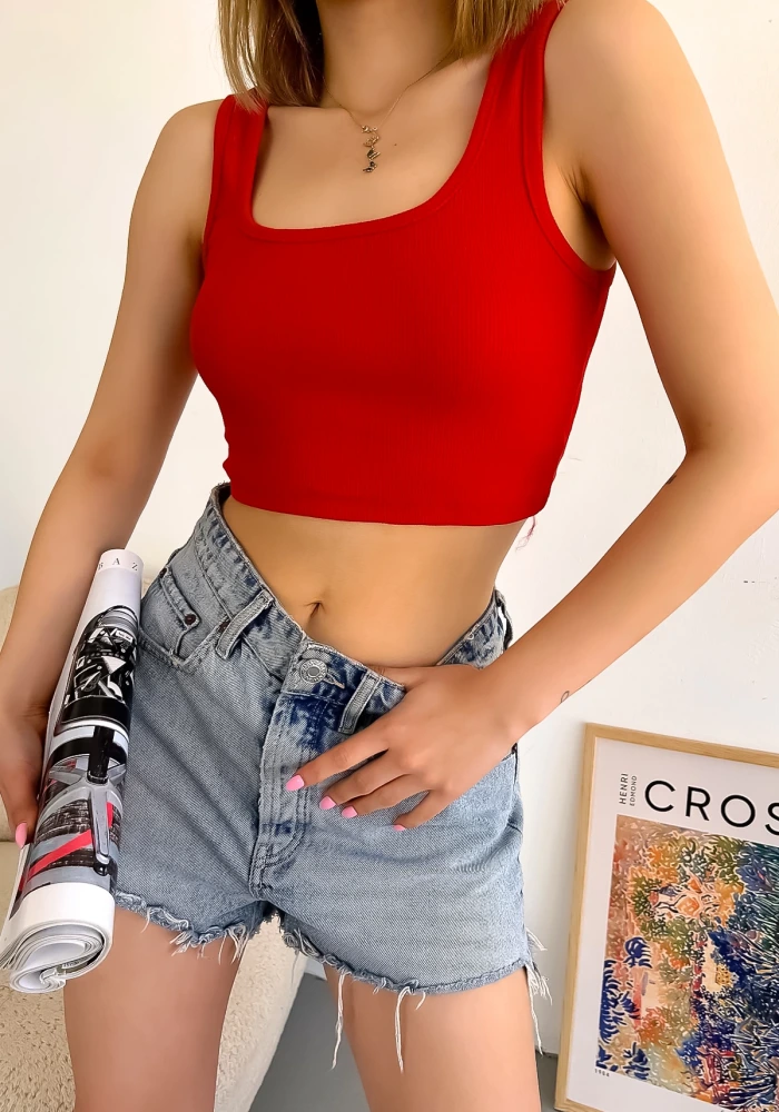 Kadın Kırmızı Kalın Askılı Kaşkorse Basic Crop Bluz