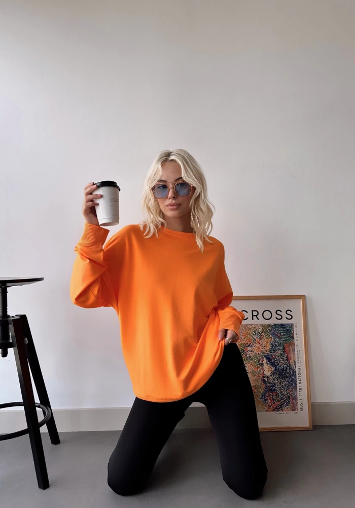 Kadın Neon Turuncu Over Size Luxury Basic Sweatshirt