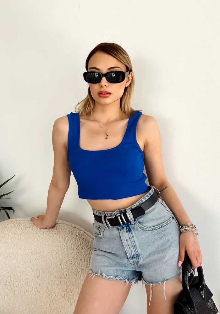 Kadın Saks Mavi Kalın Askılı Kaşkorse Basic Crop Bluz