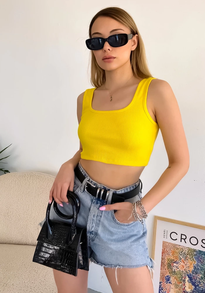 Kadın Sarı Kalın Askılı Kaşkorse Basic Crop Bluz