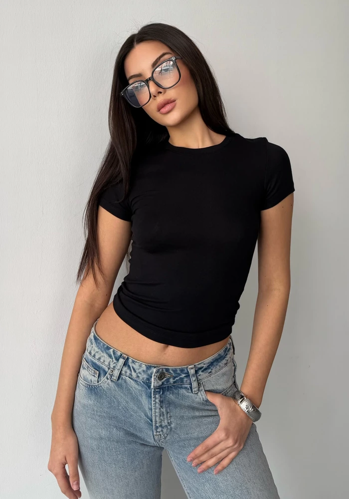 Kadın Siyah Buzy Modal Kumaş Bisiklet Yaka Basic Kısa Kol Bluz