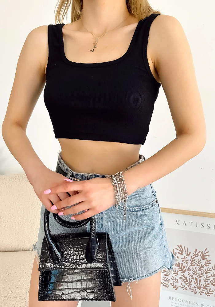 Kadın Siyah Kalın Askılı Kaşkorse Basic Crop Bluz