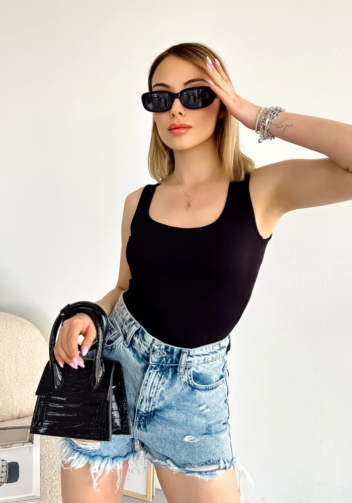 Kadın Siyah Sıfır Kol Luxury Önü Çift Kat Viskon Bluz