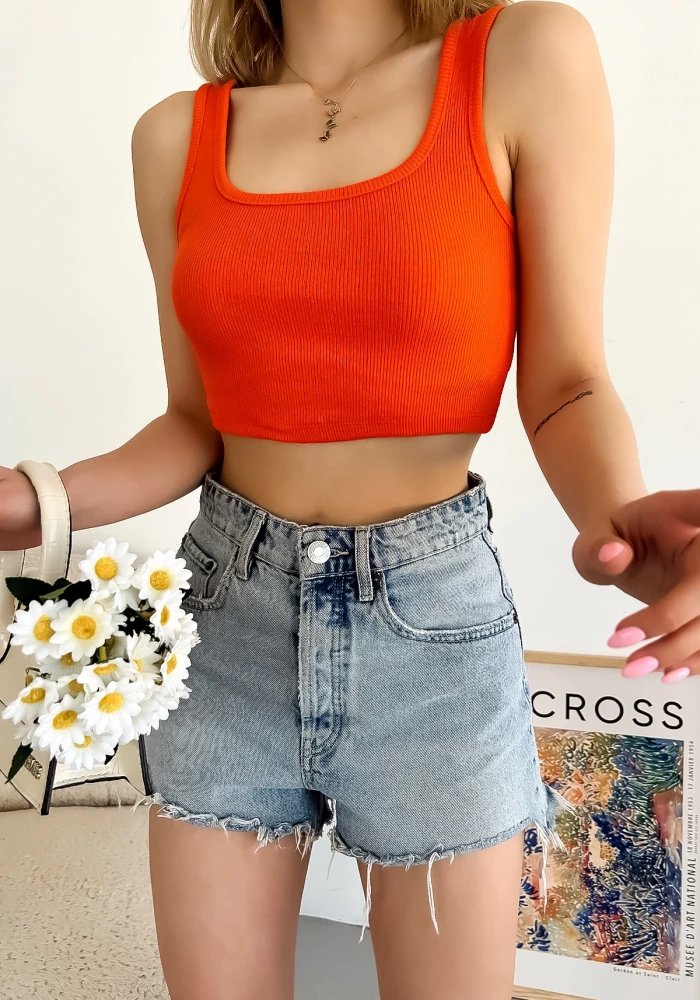 Kadın Turuncu Kalın Askılı Kaşkorse Basic Crop Bluz