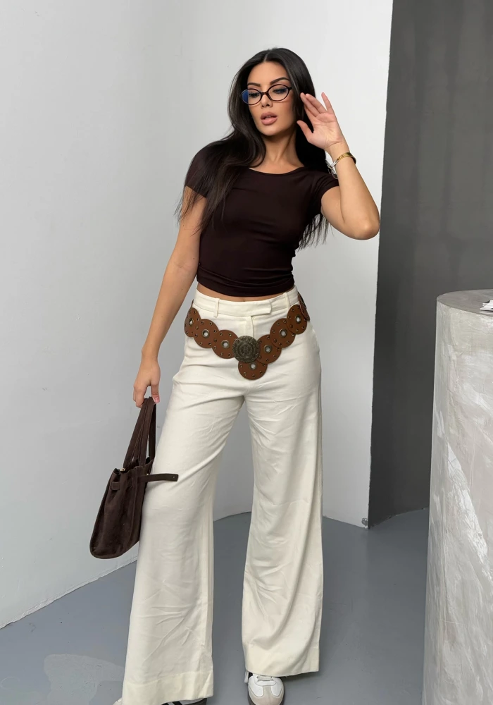 Kadın U Yaka Kahve Buzy Modal Kumaş Basic Kısa Kol Bluz