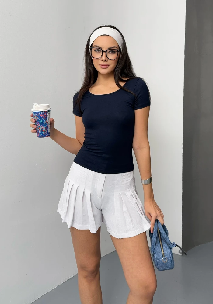 Kadın U Yaka Lacivert Buzy Modal Kumaş Basic Kısa Kol Bluz