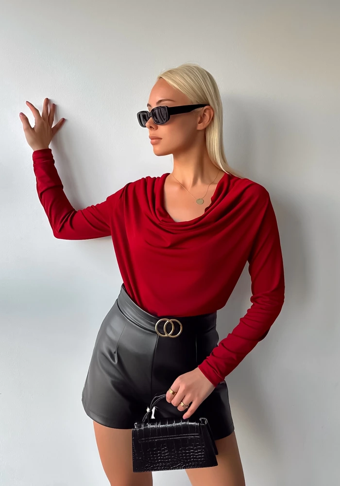 Kadın Uzun Kol Degaje Yaka Bordo Sandy Bluz