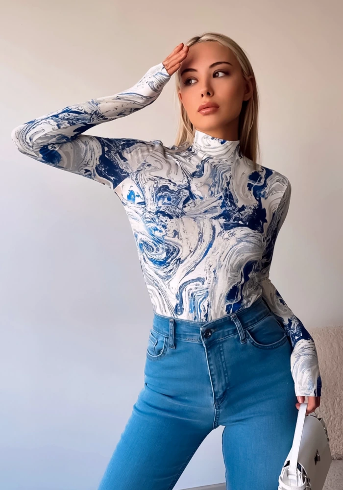 Kadın Yeni Sezon Mavi Wave Desen Dik Yaka Uzun Kollu Bluz