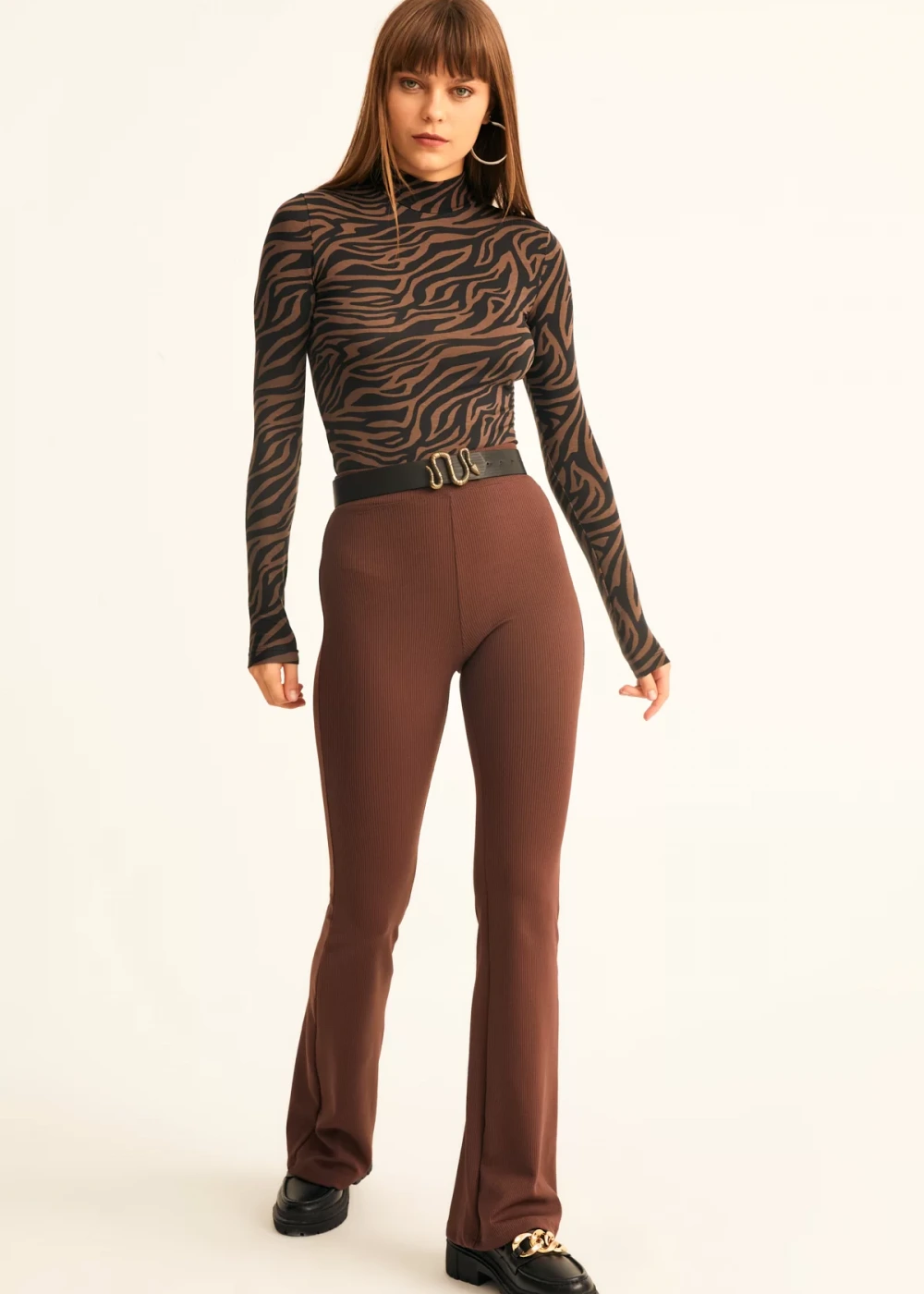 Kadın Acı Kahve Ispanyol Paça Fitilli Ekstra Yüksek Bel Toparayıcı Tayt