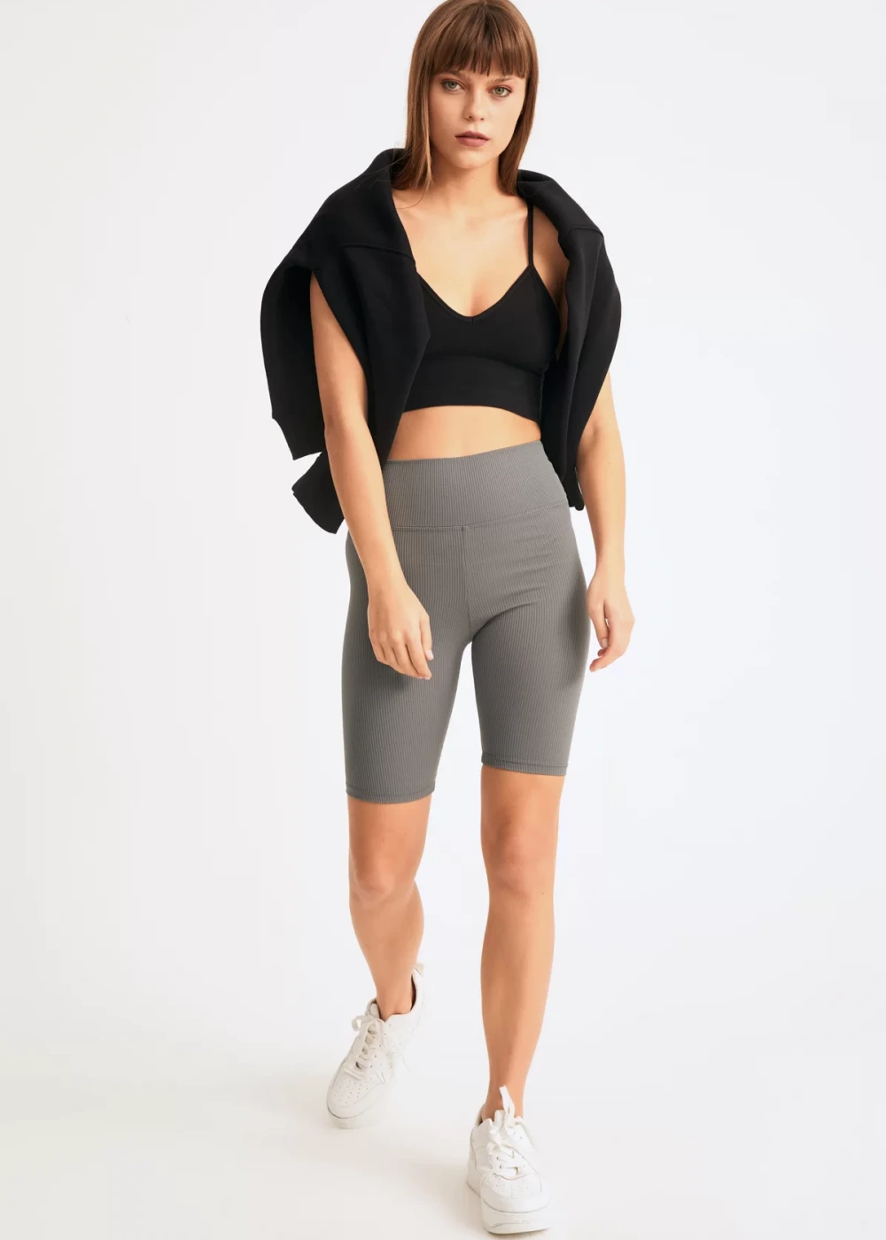 Kadın Antrasit Biker Fitilli Yüksek Bel Toparlayıcı Tayt