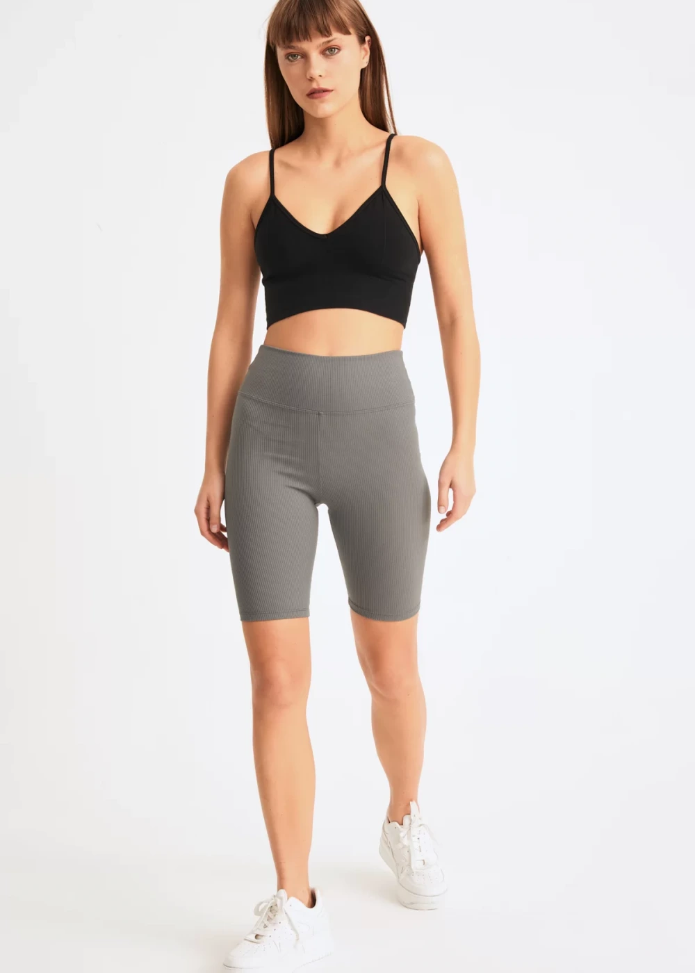 Kadın Antrasit Biker Fitilli Yüksek Bel Toparlayıcı Tayt