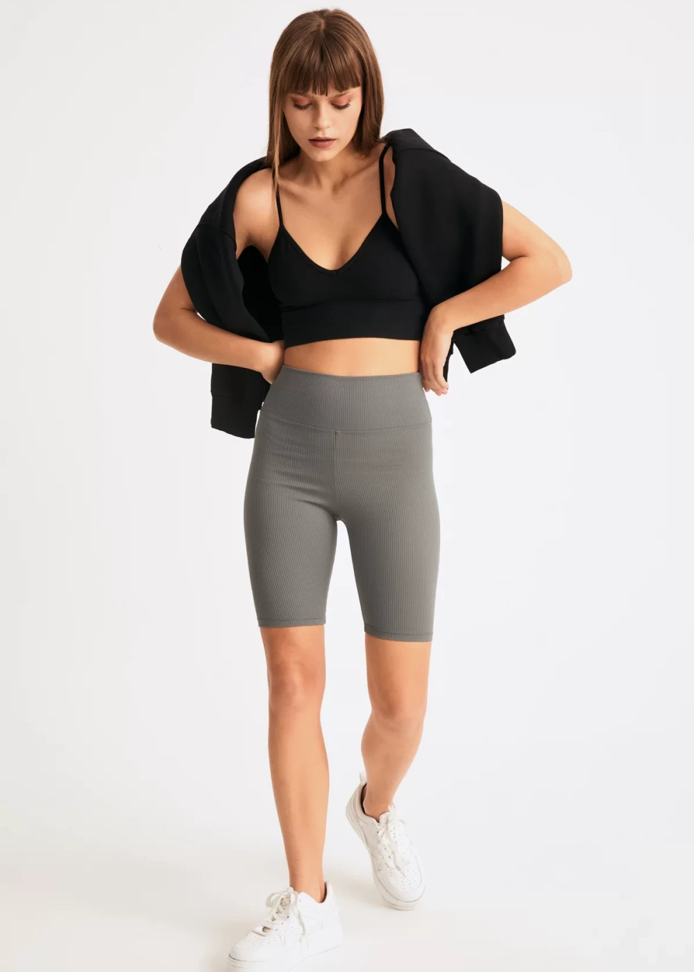 Kadın Antrasit Biker Fitilli Yüksek Bel Toparlayıcı Tayt