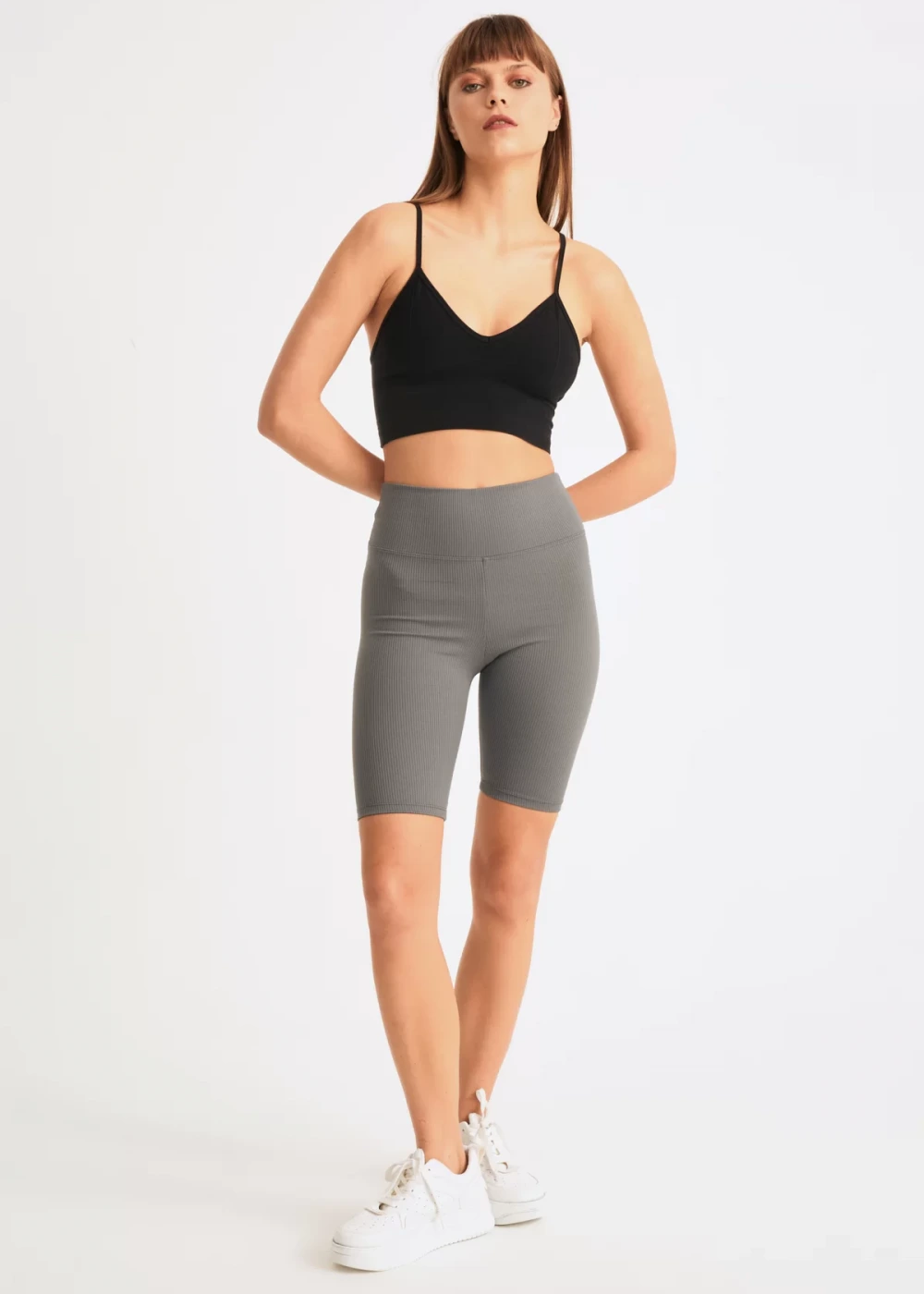 Kadın Antrasit Biker Fitilli Yüksek Bel Toparlayıcı Tayt