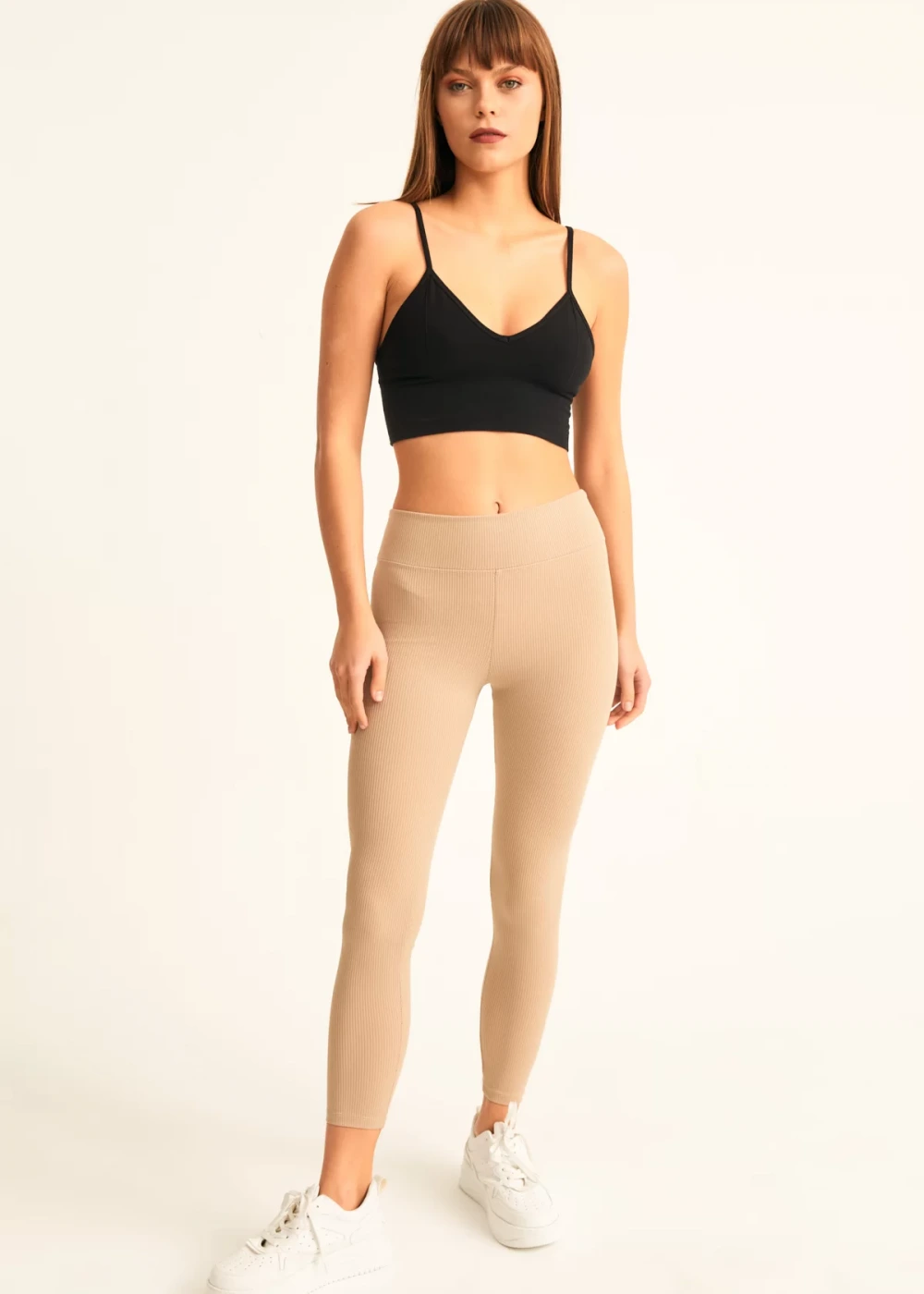 Kadın Bej Fitilli Yüksek Bel Tayt