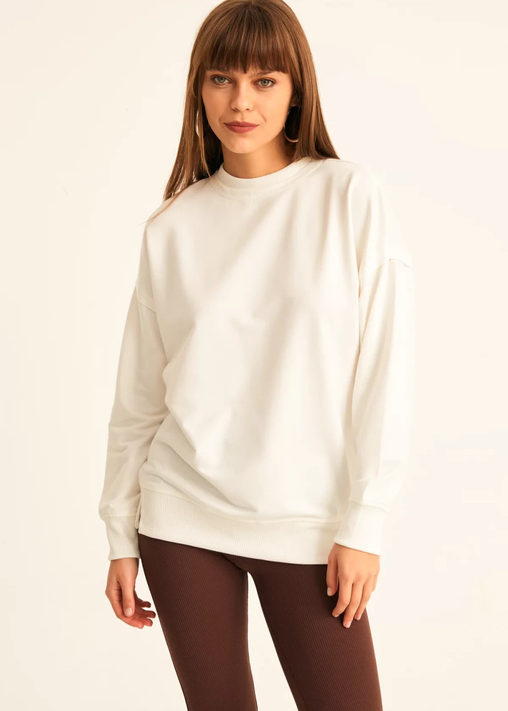 Kadın Beyaz Pamuk Over Size Sweatshirt