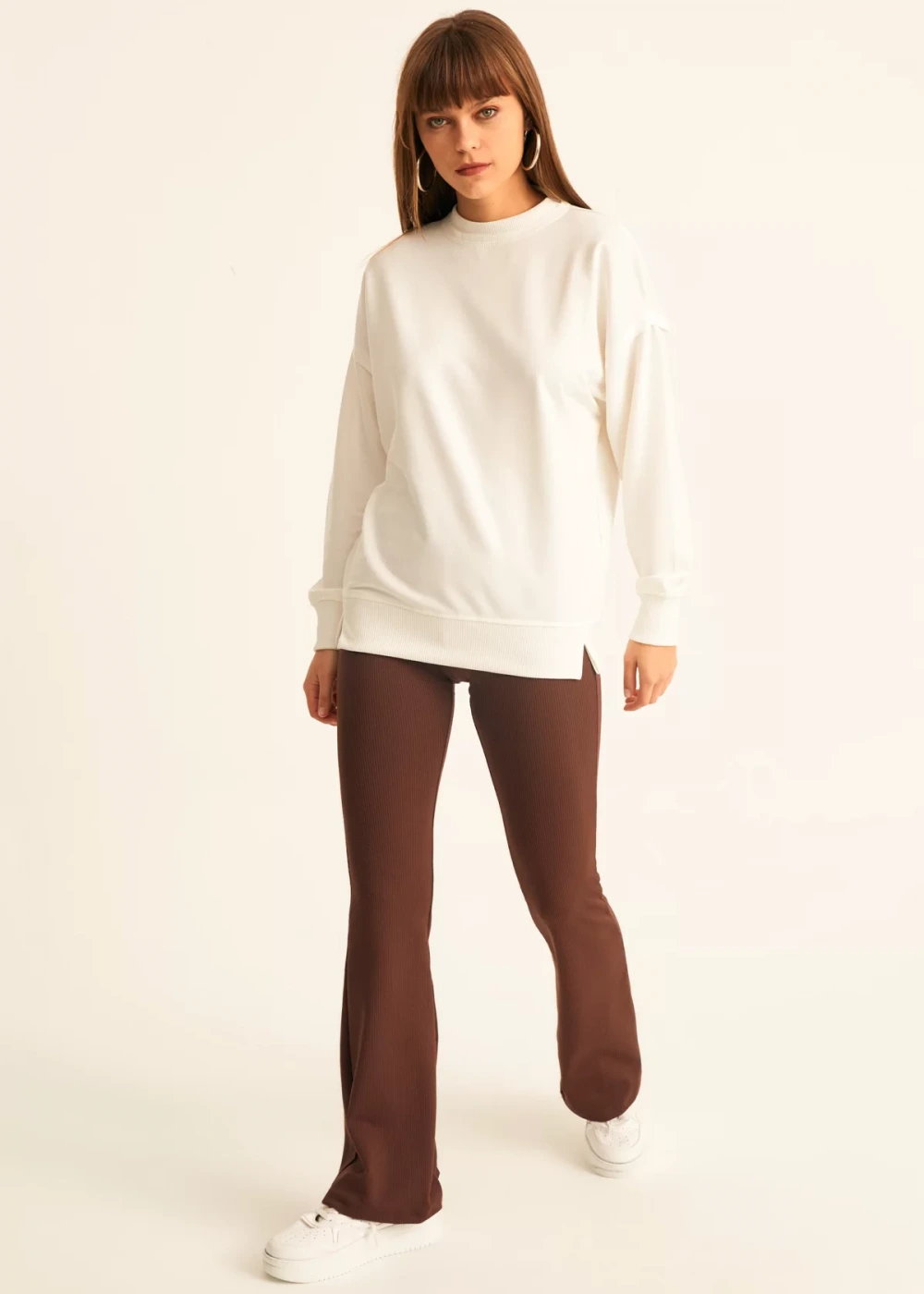 Kadın Beyaz Pamuk Over Size Sweatshirt