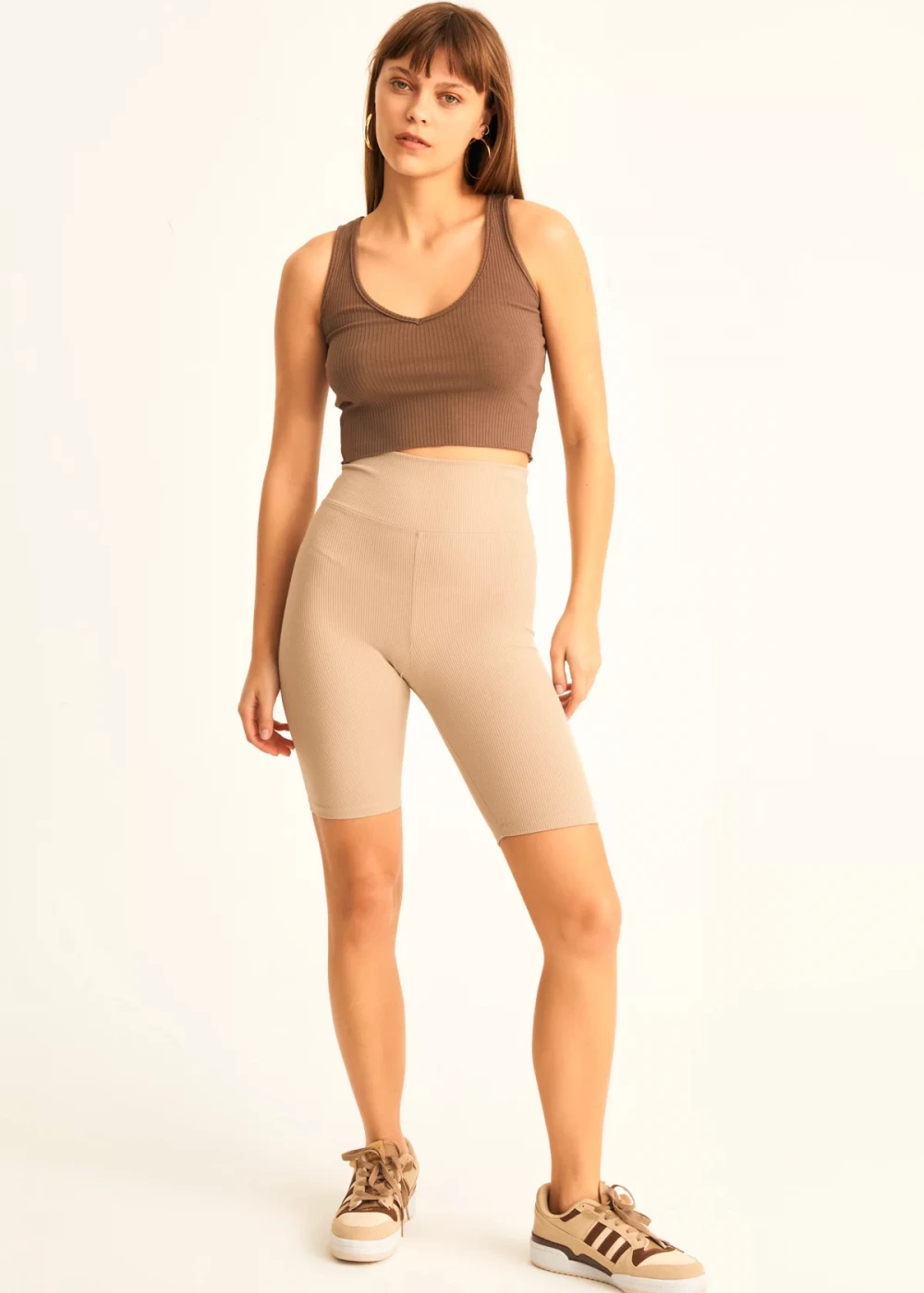 Kadın Biker Bej Fitilli Yüksek Bel Toparlayıcı Tayt