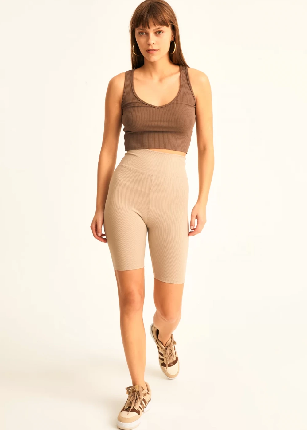Kadın Biker Bej Fitilli Yüksek Bel Toparlayıcı Tayt