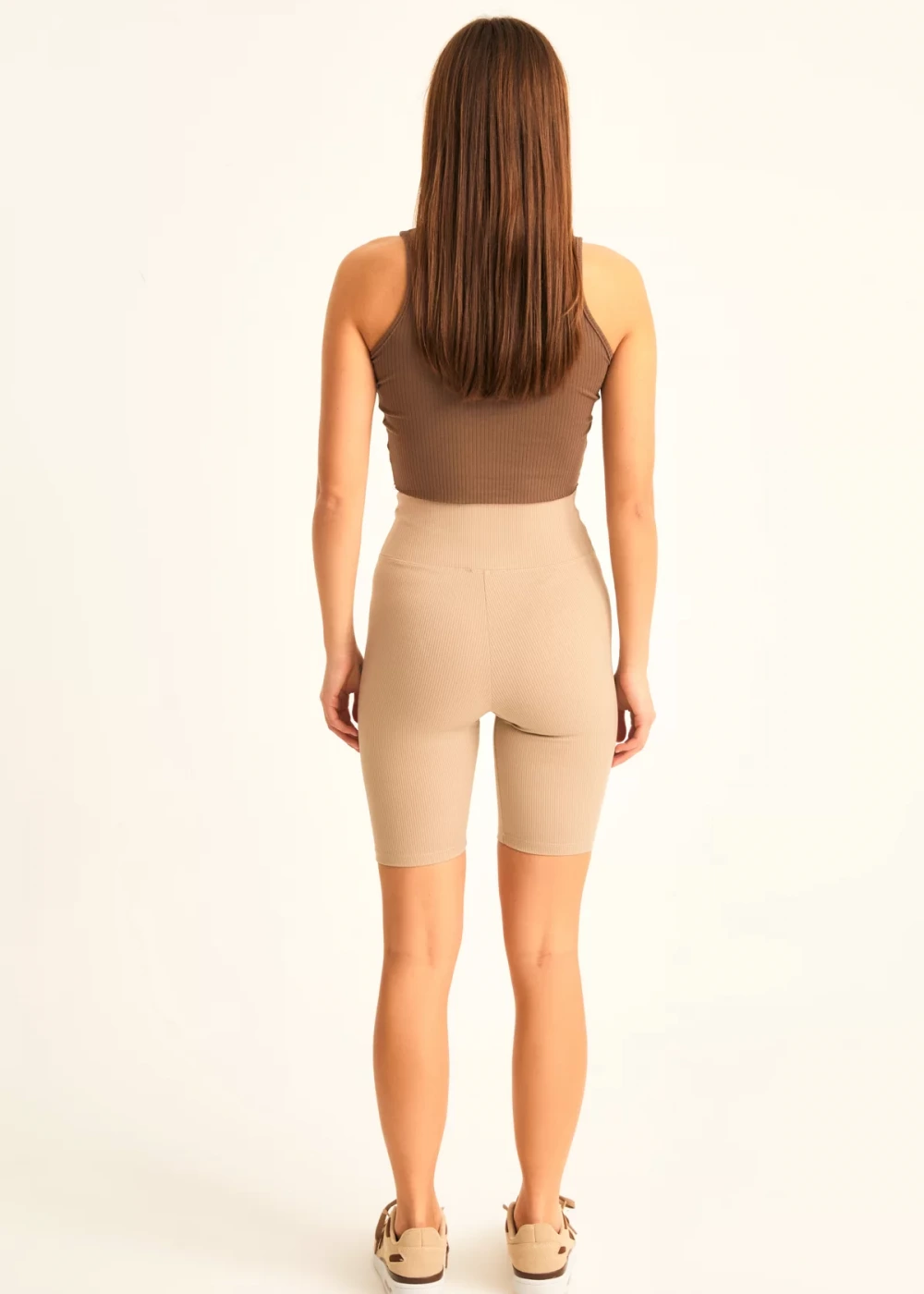 Kadın Biker Bej Fitilli Yüksek Bel Toparlayıcı Tayt