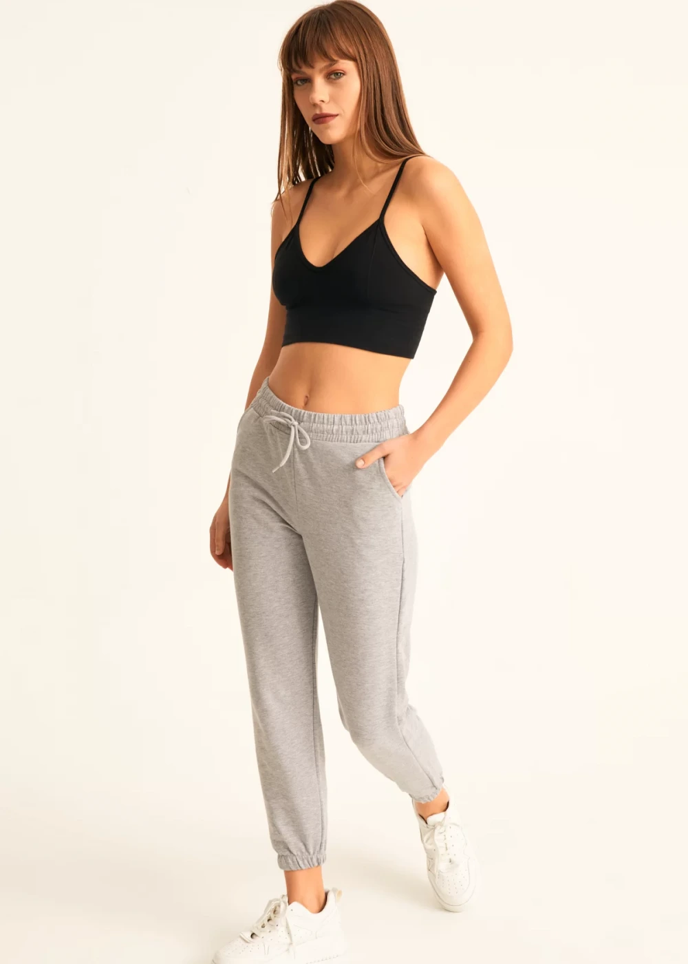 Kadın Gri 2 İplik Yüksek Bel Jogger Eşofman Altı