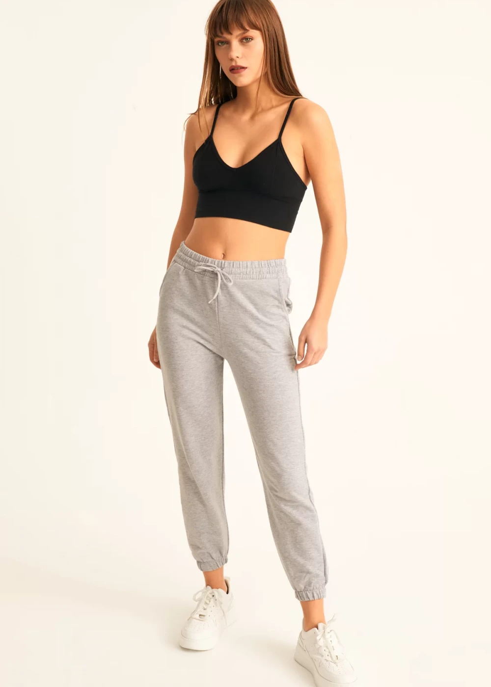 Kadın Gri 2 İplik Yüksek Bel Jogger Eşofman Altı