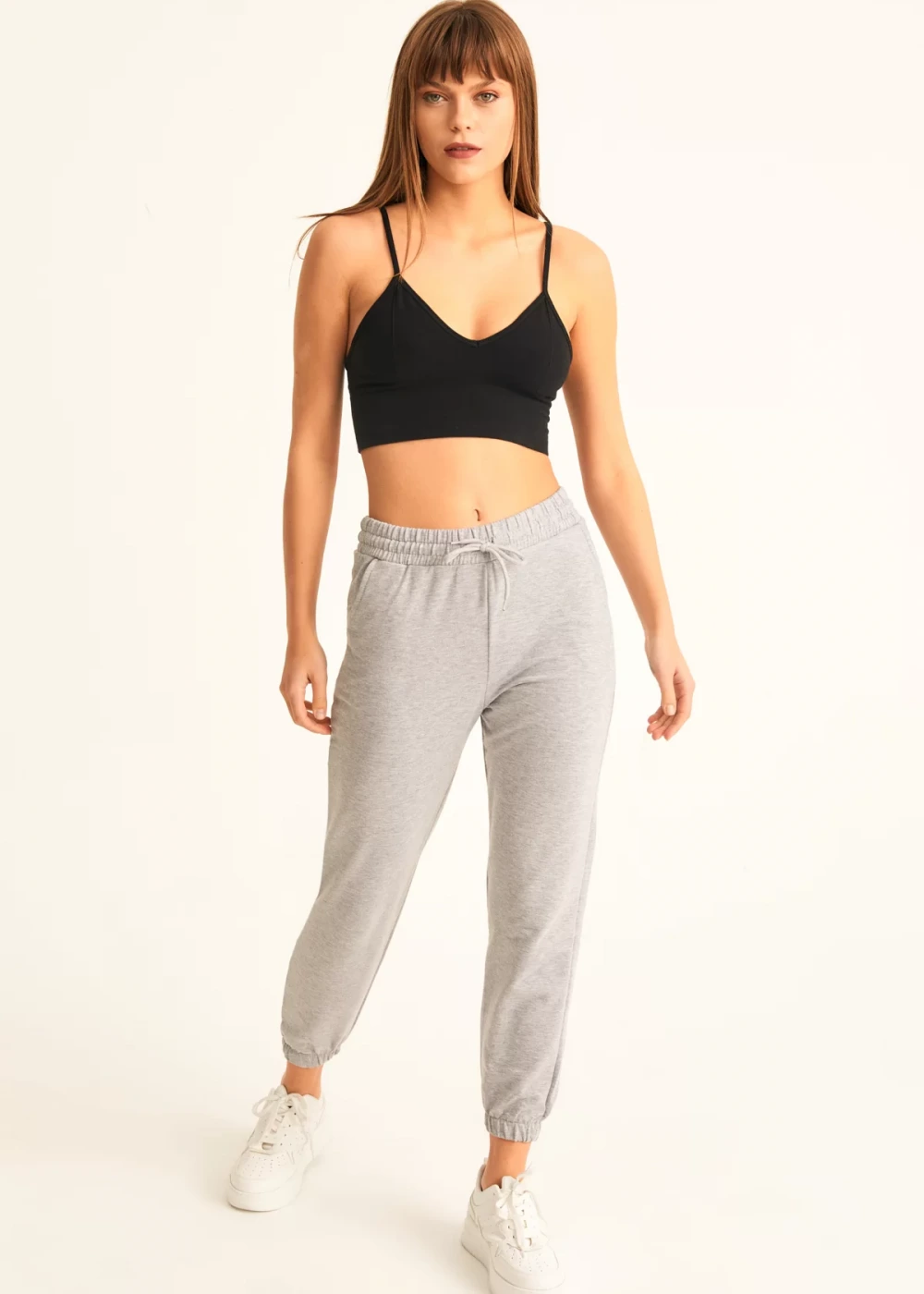 Kadın Gri 2 İplik Yüksek Bel Jogger Eşofman Altı