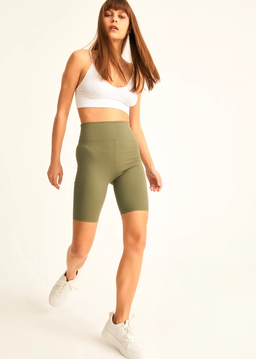 Kadın Haki Biker Fitilli Yüksek Bel Toparlayıcı Tayt
