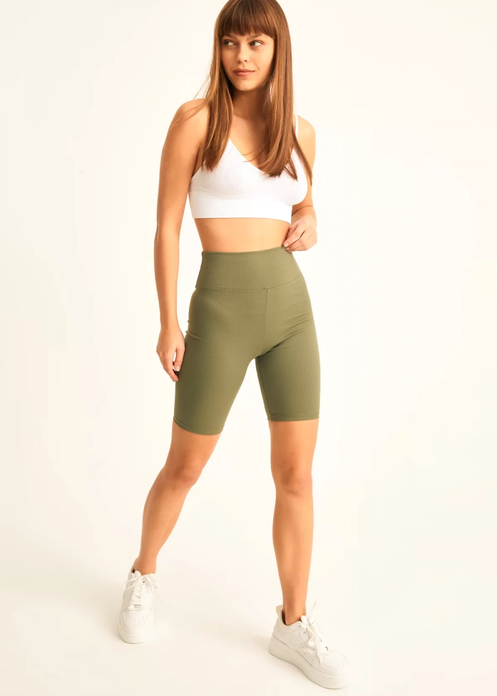 Kadın Haki Biker Fitilli Yüksek Bel Toparlayıcı Tayt