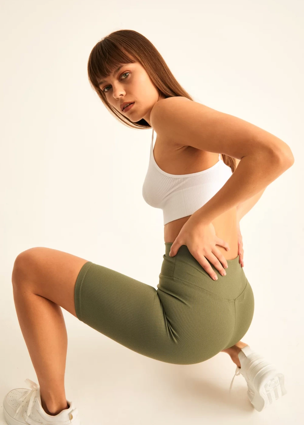 Kadın Haki Biker Fitilli Yüksek Bel Toparlayıcı Tayt