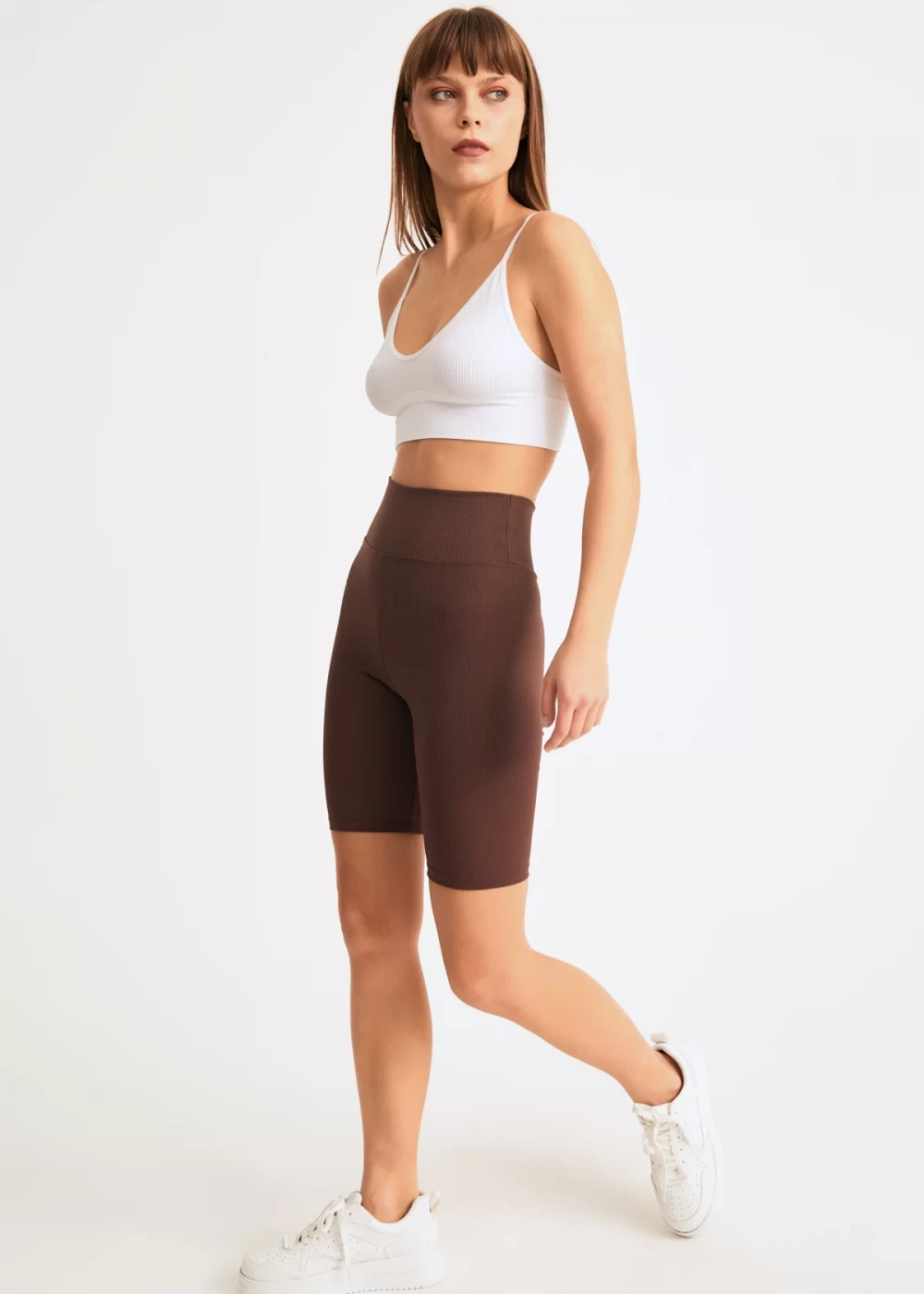 Kadın Kahve Biker Fitilli Yüksek Bel Toparlayıcı Tayt