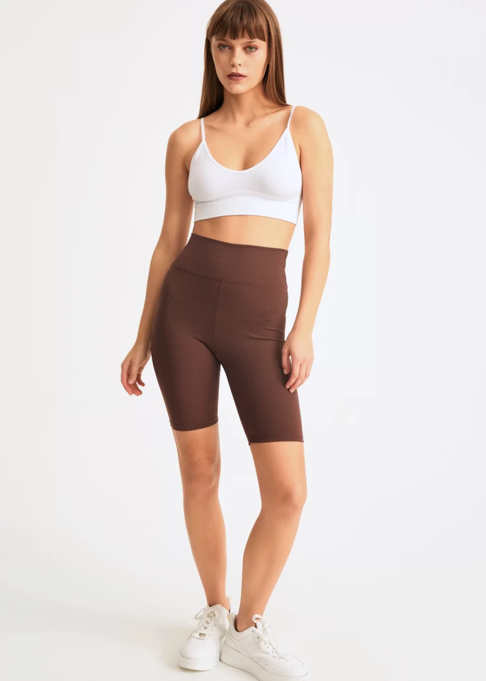 Kadın Kahve Biker Fitilli Yüksek Bel Toparlayıcı Tayt