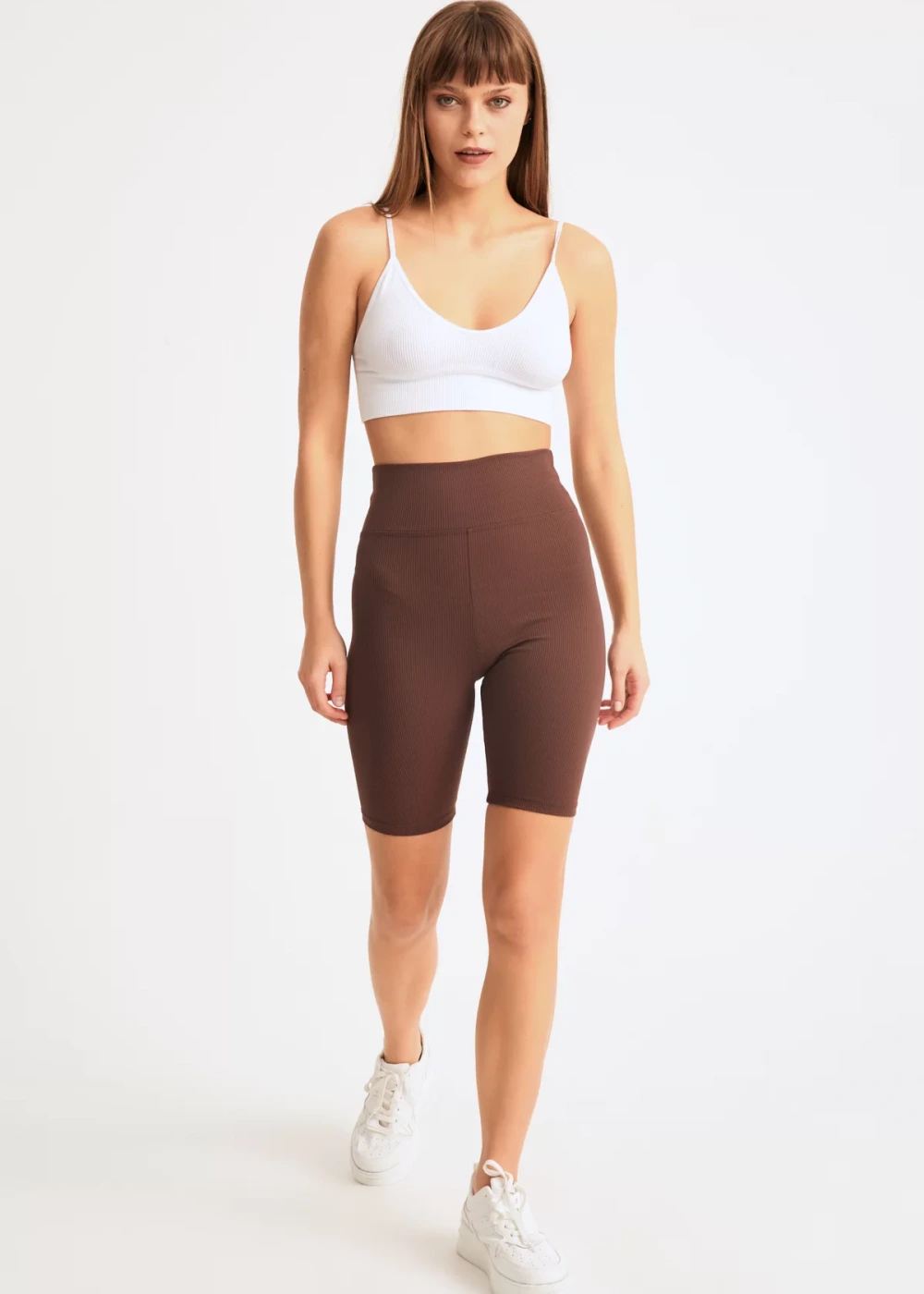 Kadın Kahve Biker Fitilli Yüksek Bel Toparlayıcı Tayt